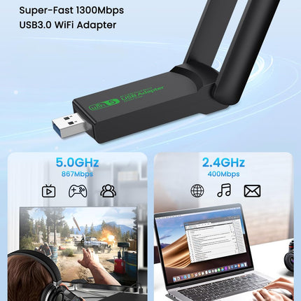 WLAN-pulk, 1300 Mbps WLAN-adapter kahe sagedusribaga 2,4 GHz/5 GHz USB WLAN-pulk arvutile/sülearvutile/lauaarvutile, suure võimendusega USB 3.0 WLAN-adapter kahe antenniga, toetab Windows 11/10/8.1/8/7/Vista/XP