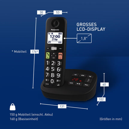 Panasonic KX-TGU130EXB digital cordless phone with answering machine, base station &amp; 1 handset, LCD display, large buttons, favorites button, hearing aid compatible, black