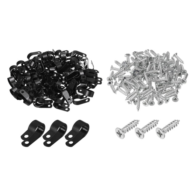 QUARKZMAN R-Type Cable Clip Wire Clamp, 16mm 0.63 inch Nylon Screw Fastening Cable Tie Clips with Screws Black for Cable Management Pack of 200