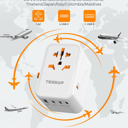 Reisiadapter ülemaailmne 65W laadija, TESSAN universaalne reisipistik 1 USB, 3 USB C ja 1 PD kiirlaadimisega, rahvusvaheline pistikupesa adapter Saksamaa, USA, Inglismaa ja Tai jaoks
