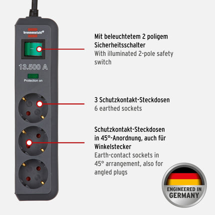 Brennenstuhl Premium-Line, 10-way power strip &amp; Eco-Line, 3-way power strip with surge protection (multiple socket with switch and 1.5m cable - especially energy-saving) anthracite