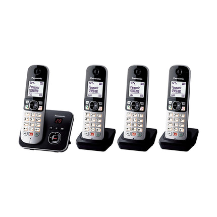 Panasonic KX-TG6864GB juhtmeta telefon 4 telefonitoruga ja automaatvastajaga (blokeerib kuni 1000 telefoninumbrit, selge kirjasuurus, valju telefonitoru, täisdupleks handsfree) must-hõbedane