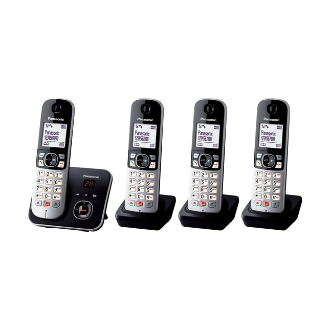 Panasonic KX-TG6864GB juhtmeta telefon 4 telefonitoruga ja automaatvastajaga (blokeerib kuni 1000 telefoninumbrit, selge kirjasuurus, valju telefonitoru, täisdupleks handsfree) must-hõbedane