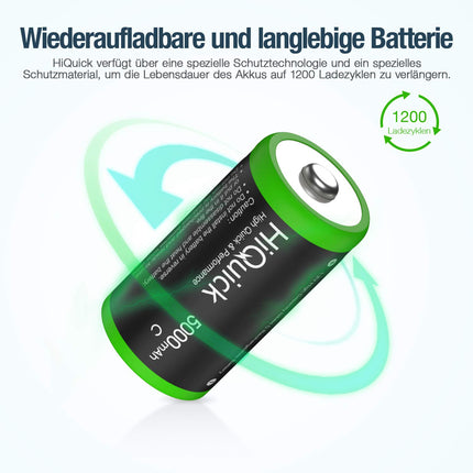 HiQuick Baby C-tüüpi aku, Ni-MH laetav C-tüüpi aku, suure mahutavusega 5000mAh, 1200 tsüklit, 1,2V C-tüüpi aku (4 tk pakis)