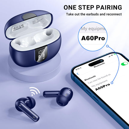 AOVOCE Bluetooth-kõrvaklapid, kõrvasisesed juhtmevabad Bluetooth 5.3 kõrvaklapid 42H sügava bassiga, spordikõrvaklapid 4 mikrofoniga, veekindlad kõrvaklapid ENC mürasummutusega, LED-ekraan, USB-C, tumesinine