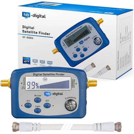HB-Digital XXL SAT paigalduskomplekt: digitaalne satelliidiotsija kompassiga + kaabli eemaldaja + paigaldusvõti + kruvide eemaldamise abivahend + 8 kullatud F-pistikut + 2 pistikut + 4 kummist tihendit ilmastikukaitse tööriistakomplekt