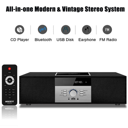 Kompaktsed süsteemid Nostalgiline Bluetooth-stereosüsteem koju, WISCENT Vintage Micro HiFi Systems CD-mängija, Bluetooth-heli voogedastusega, FM-raadio, USB-port, Aux-sisend, kõrvaklapipesa