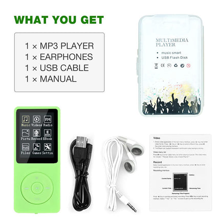 MP3/MP4 Player, Lychee Upgrade, 8 GB Digital Music Player, Portable HiFi Sound with Video/Voice Recording/FM Radio/E-Book Reader, Supports up to 64 GB (Green)