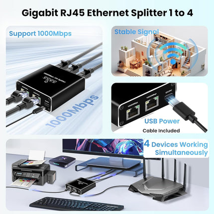 1000Mbit/s RJ45 Etherneti 1-4 jaoturadapter, 4 porti samaaegseks kasutamiseks, kiire interneti LAN-pesa pikendus USB-C-tüüpi toitekaabliga