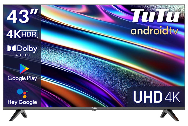 TuTu TUS43UQ1A nutiteler 43-tolline (108 cm) 4K UHD LED-teler Android-teler WiFi, HDR, kolmekordse tuuneriga DVB-C/S/S2/T/T2, Bluetooth, Prime Video, Netflix, YouTube, DAZN, Disney+