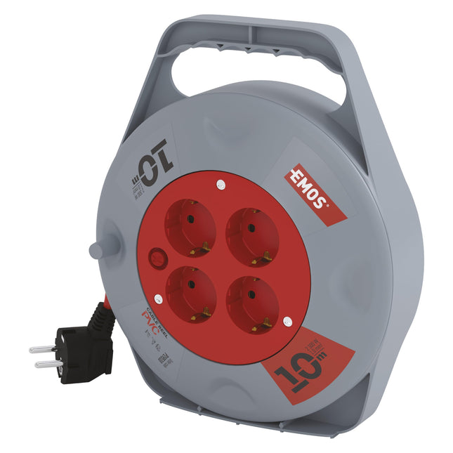 EMOS - Mini kaablirull 10m - 4 Schuko pistikupesa - 230 V, 10 A, 2300 W - kvaliteetne PVC isolatsioon - H05VV-F3G 1.0 mm² - termolülitiga - IP20 sisekasutuseks