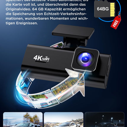 Topabol autoregistraator, 4K + 1080P autoregistraator ees ja taga, WiFi-ga autoregistraator 64 GB SD-kaardiga, kahekordne autokaamera öönägemisega, 170° lainurk WDR, G-andur, tsükkelsalvestus, rakenduse juhtimine, max 256 GB