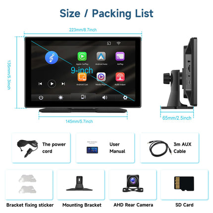 Hodozzy Portable Car Radio Wireless CarPlay Display Android Auto, Airplay Mirror Link, 9 Inch Touchscreen Monitor CarPlay Screen with Bluetooth, AUX/FM/SD Card, Car Multimedia Player with Camera