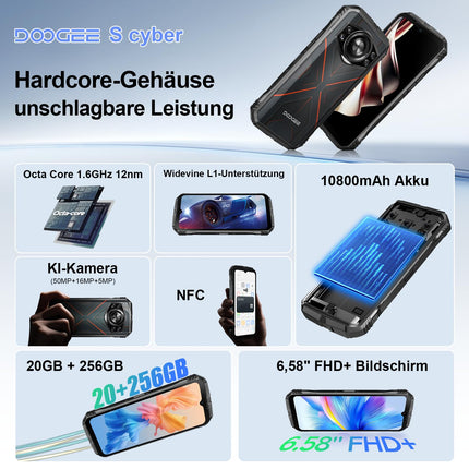 DOOGEE S Cyber ​​​​Õuetelefon ilma lepinguta Android 14 20GB(8+12)/256GB, 10800mAh, 50MP+16MP õuetelefon 6.6'' FHD+ kaheksatuumaline IP68 veekindel ehitusplatsi mobiiltelefon 4G kahe SIM-kaardiga/IP68/OTG/NFC/GPS 2024