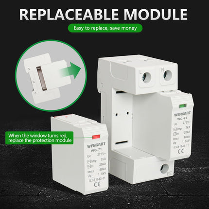 Wengart surge protection device WG-7T, T1+T2 level protection, 2P limp7kA 20-40kA AC275V, household surge protection, DIN rail mounting