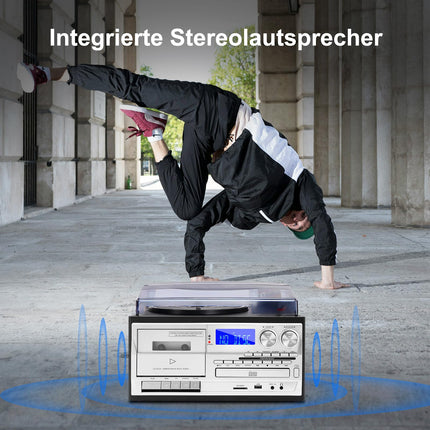 9-ühes plaadimängija Bluetoothi, CD, kasseti, AM/FM-raadio, USB SD MMC taasesituse ja kaugjuhtimispuldiga – 3-kiirusega plaadimängija, kõrvaklapipesa ja Aux In RCA Line Out.
