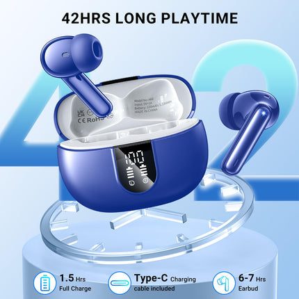 AOVOCE Bluetooth-kõrvaklapid, kõrvasisesed juhtmevabad Bluetooth 5.3 kõrvaklapid 42H sügava bassiga, spordikõrvaklapid 4 mikrofoniga, veekindlad kõrvaklapid ENC mürasummutusega, LED-ekraan, USB-C, sinine
