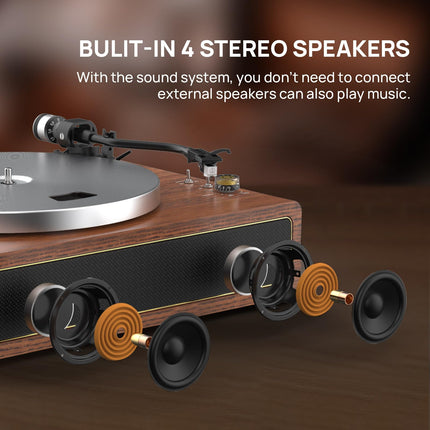 Retrolife Record Player with Integrated Speakers Belt Drive 33/45 RPM Vinyl Record Player Supports Bluetooth Playback with Auto-Stop Function RCA Out and AUX-In Yellow-Brown
