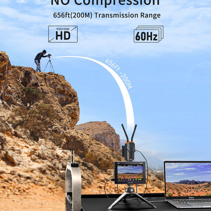 Traadita videoülekande komplekt 200M, Lemorele 5G 1080P HDMI traadita video saatja ja vastuvõtja HDMI loopouti ja IR-ga otseülekande, filmimise ja fotograafia jaoks, 2 * 4400 mAh aku kaasas