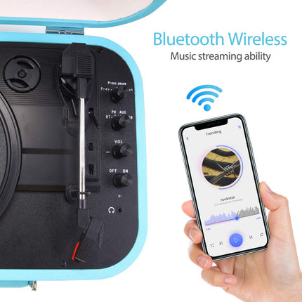 Plaadimängija kõlarite ja Bluetooth 5.4-ga | 33/45/78 p/min vinüülplaadimängija | USB digiteerija, RCA/AUX, kandekott (retrodisain) (sinine)