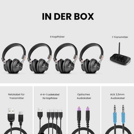 Avantree Quartet 2 – [uuendatud 2025. aastal] Bluetooth-ühilduv juhtmevaba grupikuulamissüsteem kõrvaklappide ja saatjaga pidudeks, vaikseteks diskodeks, teleri vaatamiseks – Mitmed kõrvaklapid madala latentsusega ja selge heliga