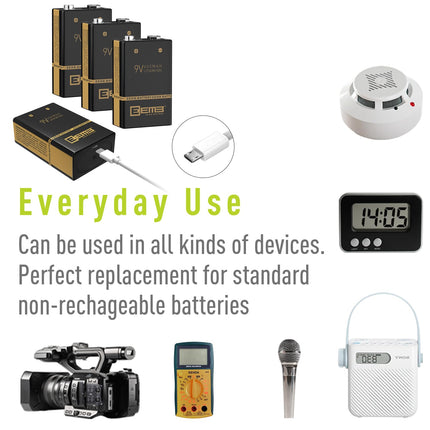 EEMB Rechargeable 9V Block Batteries 650mAh with USB Charging Cable 4-Pack Lithium Li-Polymer Smoke Detector Battery for Keyboard Microphone Smoke Alarm/Detector Guitar Cameras Toys (4)