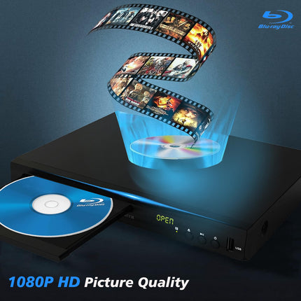 Blu-ray DVD-mängija, multimeediamängija filmide ja muusika jaoks, Dolby Audio, Full HD 1080P Blu-ray-plaadimängija HDMI-väljundi/AV-väljundi/koaksiaalväljundiga/Blu-ray-plaat piirkonnale B/2