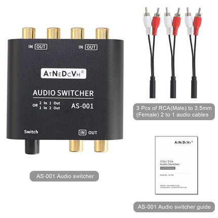 AtNeDcVh 2 porti 1 sisend 2 väljundit / 2 sisendit 1 väljund Kahesuunaline audiolüliti, ühildub RCA 3,5 mm pistikutega, 2-suunaline stereo K L/R kõlar, kõrvaklapid, audiovalija, jaotur
