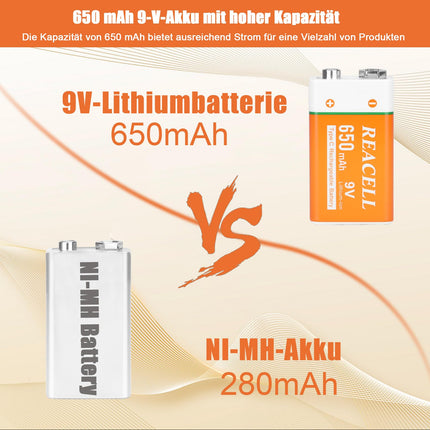REACELL 9V Block Battery 650mAh USB Rechargeable Li-Ion Battery 1.5 Hours Fast Charging 9 Volt Rechargeable Batteries Rechargeable Block Battery Long Life for Smoke Detectors