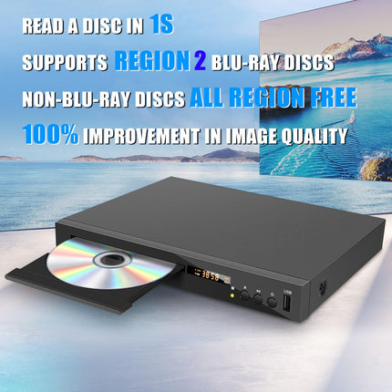 HD Blu-ray mängija, kompaktne Blu-ray plaadimängija HD 1080P DVD-mängija telerile HDMI-väljundi, AV-väljundi, koaksiaalväljundi ja USB-sisendiga, esitab B/2 regiooni Blu-ray plaate ja mitme regiooniga DVD-plaate