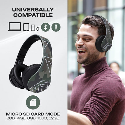 PowerLocus Bluetooth kõrvaklapid, juhtmevabad kokkupandavad stereokõrvaklapid, juhtmevabad ja juhtmega kõrvaklapid sisseehitatud mikrofoniga, Micro SD/TF, FM telefonidele/iPadidele/sülearvutitele ja arvutitele (kamuflaaž)