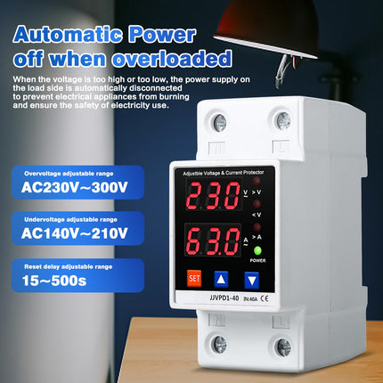 Ailao ülepingekaitse DIN-rööpale kinnitatav piksekaitse ülepingekaitse AC 230V 40A LED-ülepingepiirik automaatne väljalülitus ülepinge korral ja taaskäivitamine, majapidamises kasutatav ülepingekaitse.