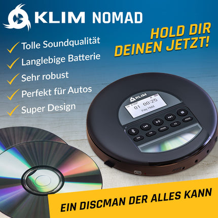 KLIM Nomad CD-mängija Bluetooth - kaasaskantav CD-mängija Discman pikaealise akuga - kõrvaklapid kaasas - CD-R, CD-RW, MP3 - TF-kaardilugejaga, FM-raadioga - ideaalne autosse - kaasaskantav CD-mängija Discman