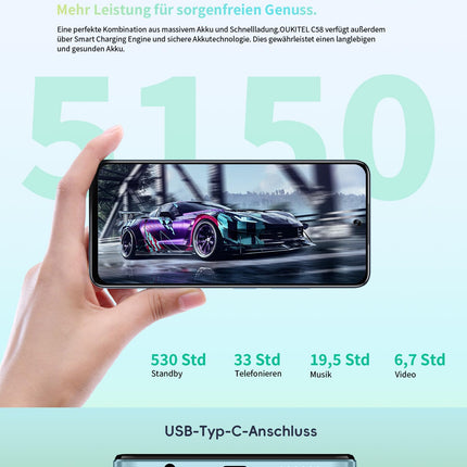 OUKITEL C58 (16GB+128GB) nutitelefon ilma lepinguta - 6,67-tolline 90Hz Android 14 mobiiltelefon soodne, 5150mAh aku, 13MP+5MP kaamera, näotuvastus ja sõrmejäljelugeja, NFC, GPS, kahe SIM-kaardi pesa 4G soodne nutitelefon, roheline