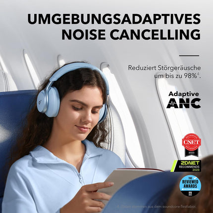 Soundcore by Anker, Space One juhtmevabad kõrvaklapid Bluetooth-kõrvaklapid, aktiivne mürasummutus, 2X tugevam häälesummutus, 40 tundi taasesitust, rakendus, kõrglahutusega heli, Bluetooth 5.3 (taevasinine)