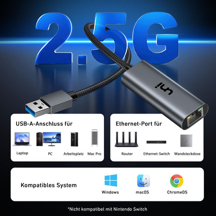 uni USB Etherneti adapter 2.5G, USB 3.0 LAN-adapter 2500Mbps, draiverivaba RJ45 LAN-võrguadapter iMac Pro, Dell XPS, Chromebook, sülearvutite, macOS-i arvutite, Windows XP/10/8.1/8/7 ja Linuxi jaoks