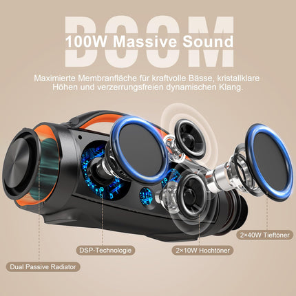 DOSS Extreme Boom+ Bluetooth kõlar, 100W stereoheli, rikkalik bass, 20h aku tööiga, varupatarei, IPX6 veekindlus, RGB tuled, kaasaskantav muusikakarp õue, telkimiseks, basseini, ranna ja aia jaoks – must