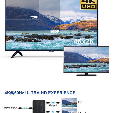 HDMI jaotur 1 sisend 2 väljundit samaaegselt 4K 60Hz, avedio links HDMI jaotur 1 sisend 2 väljundit kahe monitori jaoks【Ainult peegel, mitte pikendatav】Toetab HDMI2.0b, HDCP2.2, automaatset skaleerimist, Full HD 1080P 3D