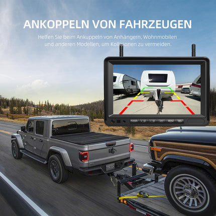 eRapta 7" FHD monitor 2 juhtmevaba digitaalset tahavaatekaamerat, 1080P monitoriga: 9600mAh aku, 2 minutit isepaigaldust, IP69K veekindlad magnetilised tagurduskaamerad autole, veoautole, kaubikule, maasturile, haagissuvilale