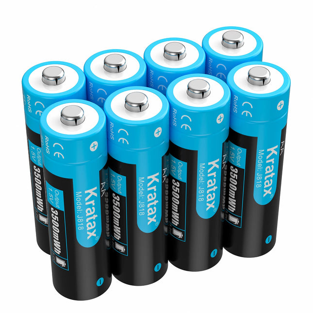 Kratax Rechargeable 1.5V AA Lithium Battery, 1.5V Constant Output, 3500mWh and 1600 Times Long Cycle, 8 Pieces Lithium AA Battery