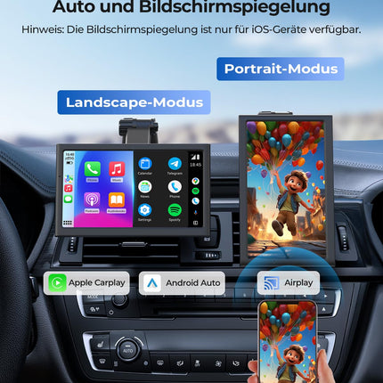 Krunia 7" Wireless Portable 60FPS Car Play Display for Apple CarPlay &amp; Android Auto, Portrait and Landscape Mode, Mirror Link, Bluetooth, Voice Control, GPS Navigation, Optional Rear View Camera Possible