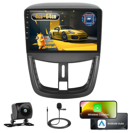 Fuluku 4+64G Android Car Radio for Peugeot 207 2006 2007 2008 2009 2010 2011 2012 2013 2014 2015 with Wireless Carplay&amp;Android Auto, 9'' Touch Screen Radio Bluetooth 5.0/GPS/Rear View Camera/FM/WiFi/SWC