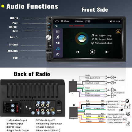 7 inch LCD touchscreen 2 DIN car radio with Android Auto Carplay wired, car radio 2 DIN with Bluetooth FM car audio support Mirror-Link SWC settings backlight colorful rear view camera