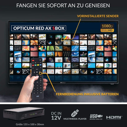 RED OPTICUM satelliitvastuvõtja HD satelliitantenni jaoks, satelliitvastuvõtja Sat, 1080p, Full HD, AAC-LC heli, HDMI, SCART, USB 2.0, koaksiaal - ühe kaabliga ühilduv DOCS - AX SBOX komplekt + HDMI kaabel