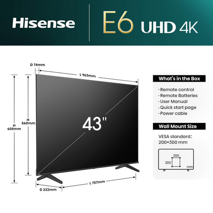 Hisense 43E6NT 108cm (43 inch) TV, 4K UHD Smart TV, Precision Color, HDR, Dolby Vision, 60Hz, Triple Tuner DVB-C/S/S2/T/T2, WiFi, HDMI 2.1, Bluetooth, Alexa Built-in, Black, [2024]