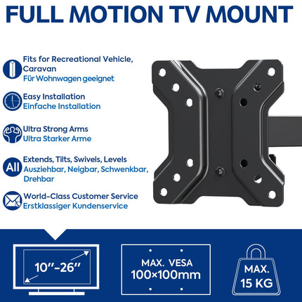 Mounting Dream Caravan lukustatav telerikinnitus enamiku 10–26-tolliste telerite jaoks, VESA 50x50–100x100 mm, kuni 15 kg, teleri seinakinnitus pöörlevale, kallutavale ja lukustatavale matkaautole/haagissuvilale/matkaautole