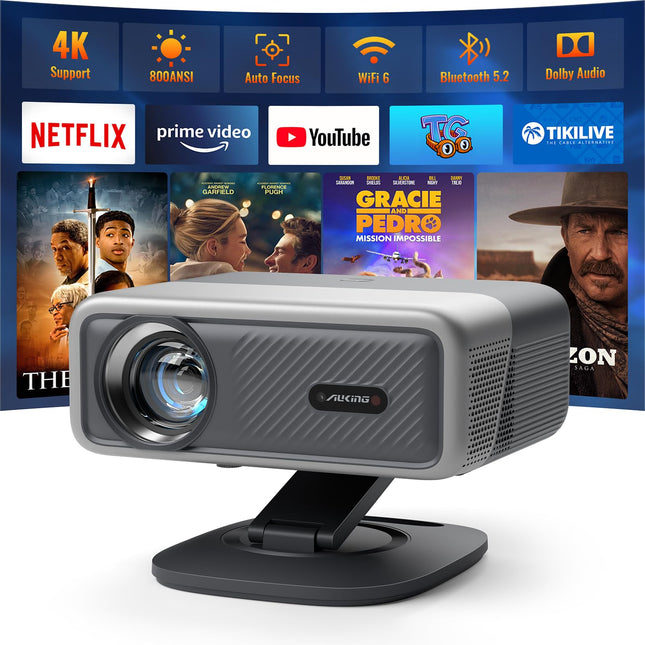 Nutikas projektor 4K [Netflixi ametlik ja 3D Dolby Audio] VISSPL 28000 luumeniga autofookusega/automaatse võtmekivi korrigeerimisega projektor, WiFi6 Bluetooth-projektor 4K kodukino, välistingimustes kasutatav videoprojektor 360° pööratava alusega