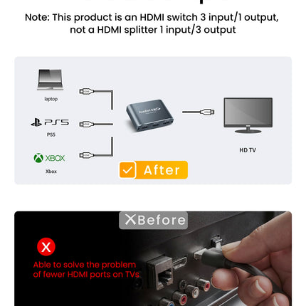 avedio lingid HDMI-lüliti koos 3,9 jala pikkuse HDMI-kaabliga, 4K@60Hz alumiiniumist HDMI-lüliti 3 sisse- ja 1 väljundiga, HDMI-jaotur 3 sisse- ja 1 väljundiga, toetab 3D-d, HDCP2.2, HDR10, 18 Gbit/s Fire Sticki, PS5, Xboxi, DVD ja Blu-Ray jaoks