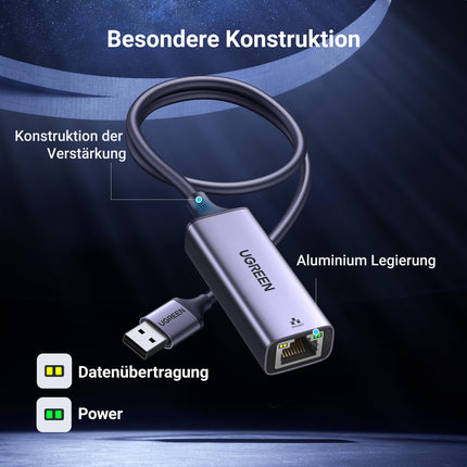UGREEN LAN Adapter 3.0 1000 Mbps Etherneti adapter USB-RJ45 gigabiti võrguadapter USB-alumiiniumile, ühildub lüliti, Mi Boxi, sülearvutiga Windows 11/10/8.1/8, Mac OS, Linuxi all (hall, 50 cm)