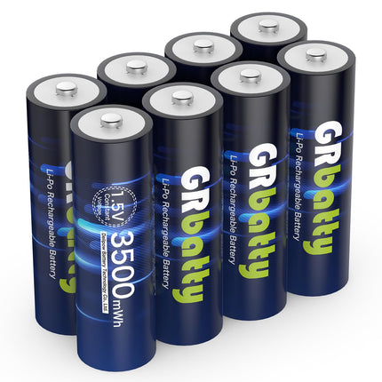 GRbatty Rechargeable Lithium AA Batteries, 8 Pack 1.5V 3500mWh High Capacity Lithium AA Batteries, 2 Hours Fast Charge, 1500 Cycles for Electronic Household Appliances